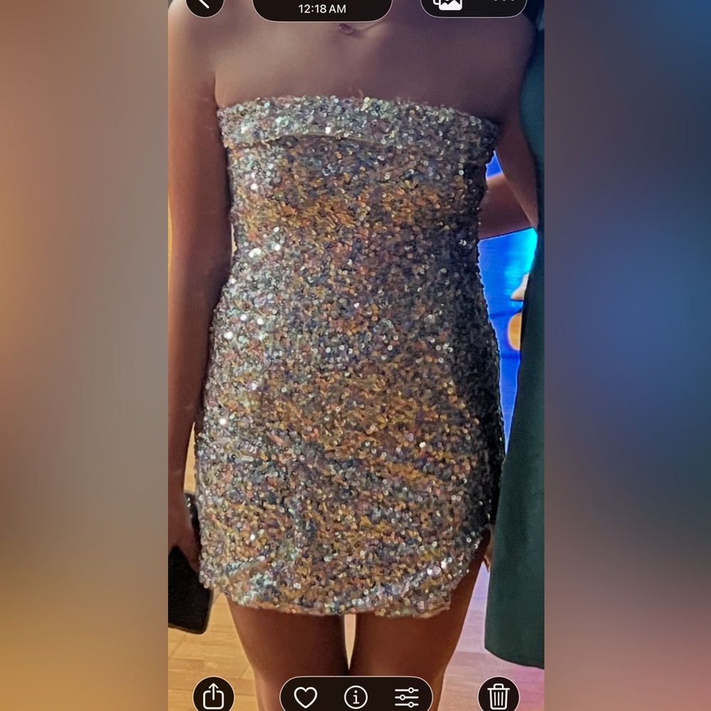 Sassy Shortcake strapless sheath dress silver sequins